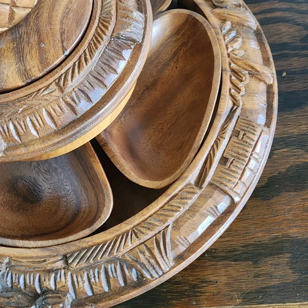 Hand Carved 3 Tier‎ Teak Pineapple Monkey Pod Lazy Susan Serving Tower Vintage